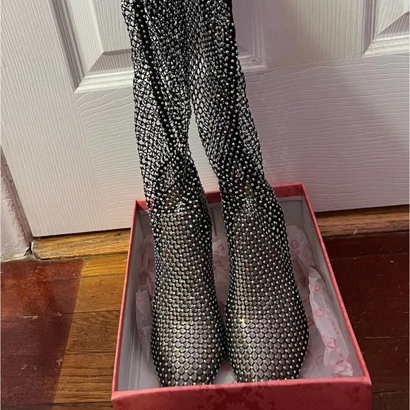 Ego Official Multi Colour Diamanté Fishnet Over The Knee Thigh High Black Boots - Picture 8 of 10